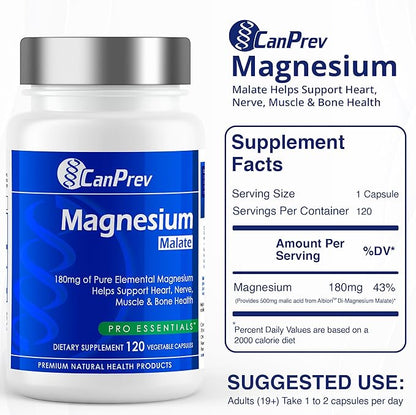 CanPrev Magnesium Malate, 120 Veg Caps, 120-Day Supply, 180mg Elemental Magnesium & 540mg Malic Acid, Vegan & Non-GMO, Supports Relaxation, Energy, Muscle Function, Bone Strength & Overall Well-Being