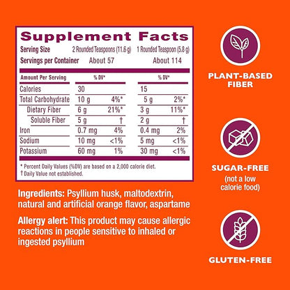 Metamucil 4 in 1 Daily Fiber Supplement Powder, Fiber Powder for Digestive Health and Regularity*, Sugar-Free, Orange, Naturally Sourced Psyllium Fiber, 114 teaspoons