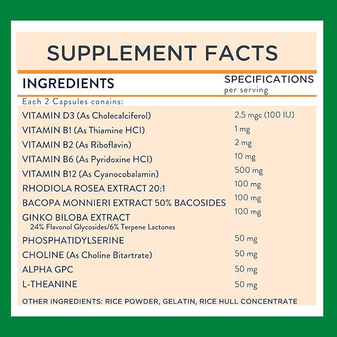 Health Logics Focus! - Brain Supplement for Memory, Clarity, Concentration with Choline, Ginkgo Biloba, Alpha GPC, Phosphatidylserine, Bacopa Monnieri l 60 Capsules l Non-GMO