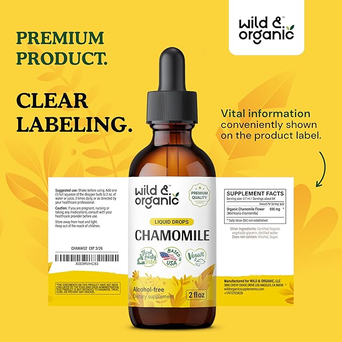 Wild & Organic Chamomile Tincture - Relaxing & Calming Chamomile Supplement - Liquid Flower Extract Drops - Vegan, Sugar & Alcohol-Free - 2 fl oz