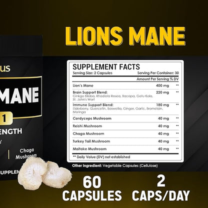 Zolotus Lions Mane Mushroom Capsules with Cordeyceps, Elderberry, Ginkgo Biloba, Bacopa - 60 Capsules