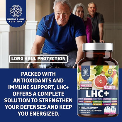N1N LHC+ 15-in-1 Immune Support Supplement with Spirulina, Turmeric, Ginseng, Guarana, Vitamin D and Vitamin C for Immunity, Energy and Long-Haul Relief, 60 Veg Caps, Bottle Color May Vary