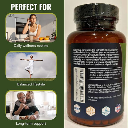 Ashwagandha Extract, Extra Strength Capsules with Black Pepper Extract, Premium Root Extract Formula - Made in USA (600mg, 120 Capsules)