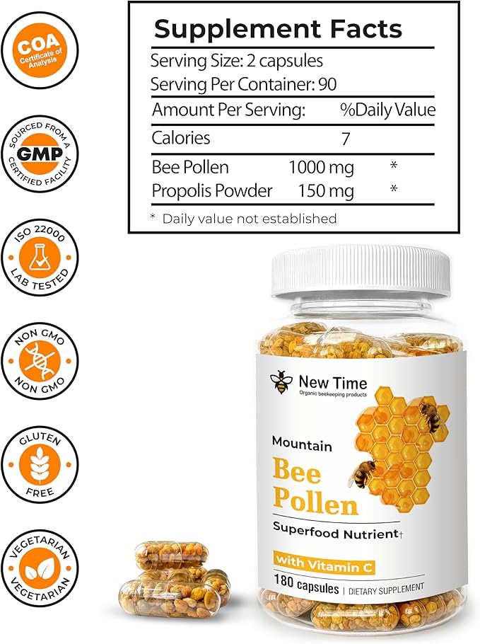 Bee Pollen 180 Capsules – Organic Supplement for Energy, Vitality, Wellness, Rich in Vitamins, Immune Support & Nutrient Boost, Premium for Men & Women, 100% Pure & Natural for Breast Growth