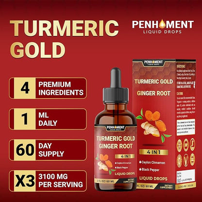 4in1 Liquid Turmeric Curcumin Drops Extract with Ceylon Cinnamon, Ginger and Black Pepper for Joint Support - 2FL oz - 60 Servings