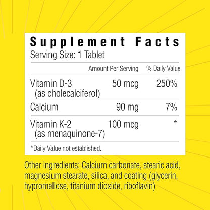 Vitamin D3 with Vitamin K2, D3 2000 IU with K2 100 mcg for Healthy Muscle Function, Bone Health and Immune Support, Vitamin D3 K2, 60 Tablets
