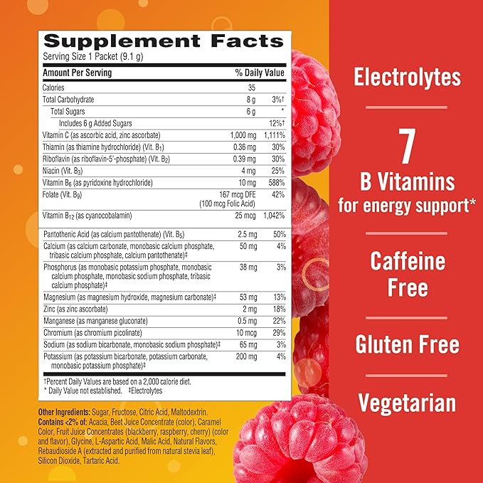 Emergen-C 1000mg Vitamin C Powder, with Antioxidants, B Vitamins and Electrolytes, Supplements for Immune Support, Caffeine Free Fizzy Drink Mix, Raspberry Flavor - 30 Count/1 Month Supply