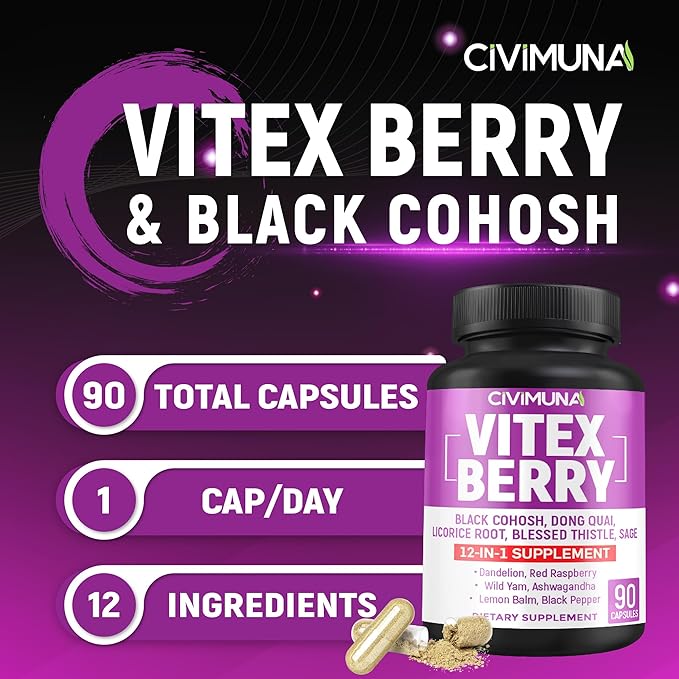 Vitex Berry Extract Capsules with Vitex Berry, Black Cohosh Root, Dong Quai Root and More - 90 Capsules for 3 Months Supply