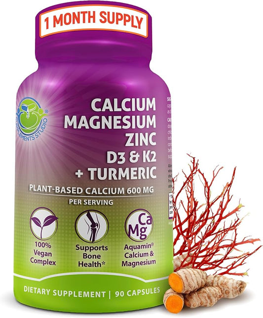 Plant-Based Calcium 600mg (Aquamin) – Vegan Calcium Magnesium Zinc D3 with Vitamin K2 & Organic Turmeric – Enhanced Bone and Muscle Health & Strength, Immune Support for Women & Men - 90 Count