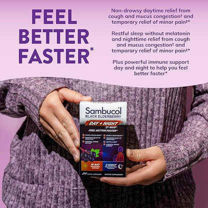 Sambucol Black Elderberry Day & Night Relief - Feel Better Faster, Cough & Mucus Relief for Adults, Immune Support, Non-Drowsy Daytime Relief, Restful Sleep, Melatonin-Free - 24 Capsules, 1 Pack