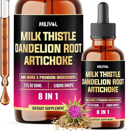8in1 Milk Thistle Liquid Drops with Dandelion Root, Artichoke Leaf and 5 More Herbals - 60 Days Supply - 2 Fl Oz