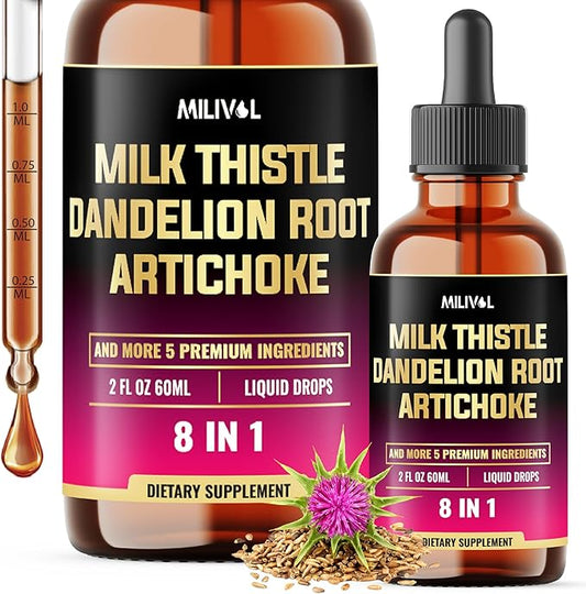 8in1 Milk Thistle Liquid Drops with Dandelion Root, Artichoke Leaf and 5 More Herbals - 60 Days Supply - 2 Fl Oz
