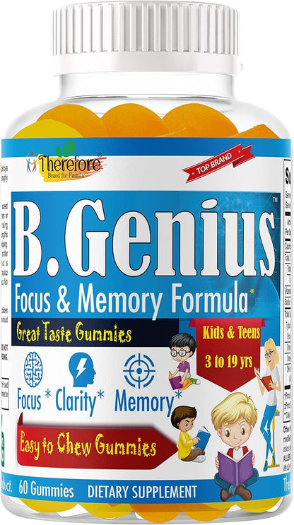B.Genius Brain Booster Supplement & Memory Support Vitamins for Kids & Teens, Support Brain Focus, Memory, Learning, Accuracy with Omega 3, EPA/DHA Tasty 60 Chewable Gummies