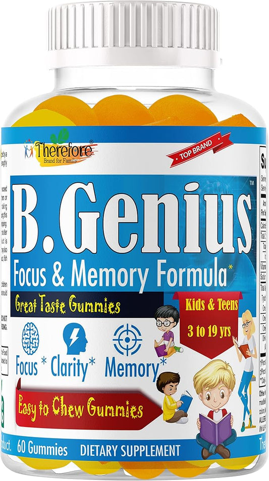B.Genius Brain Booster Supplement & Memory Support Vitamins for Kids & Teens, Support Brain Focus, Memory, Learning, Accuracy with Omega 3, EPA/DHA Tasty 60 Chewable Gummies
