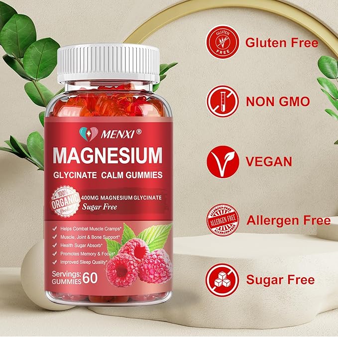 Magnesium Gummies 600mg per Serving-Magnesium Glycinate 400mg and Magnesium Malate 200mg,Sugar Free Magnesium Potassium Supplement for Calm Mood, Muscle, Bone & Sleep Support,60 Raspberry Gummies