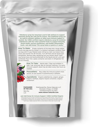 Organic Elderberry Syrup Kit, Makes up to 24 oz, Includes Natural Cotton Brew Bag, USDA Certified Organic Dried Elderberries and Immune Support Herbs, Bulk Kit, 4 oz. (113g)