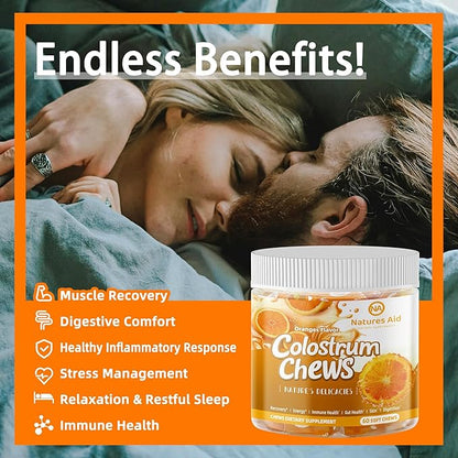 Colostrum Chews Supplement with probiotics for Gut Health, Bloating, Immune Support, Skin, Hair Growth and Beauty - Orange Flavor (60 Servings)