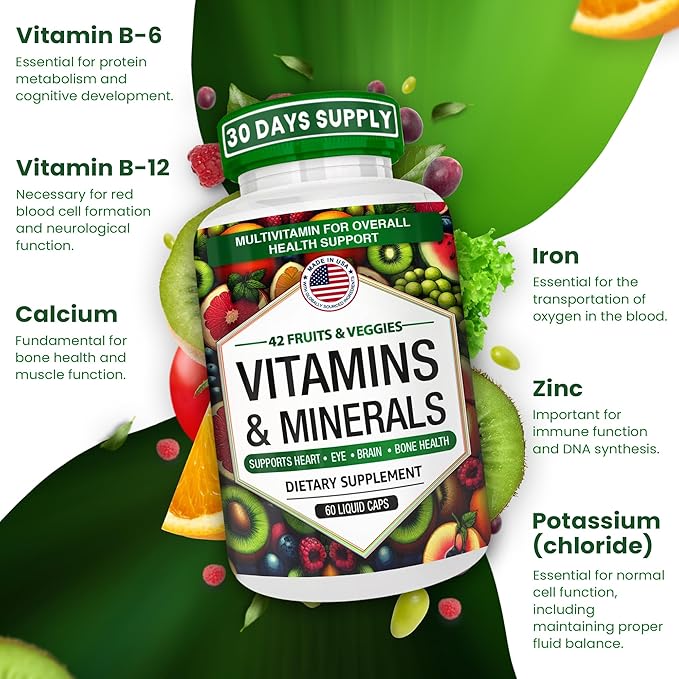 Multivitamins/Minerals Capsules with Zinc and Premium 42 Fruits and Veggies Blend for Immune Support Daily Multivitamin Capsule Antioxidant Supplement for Immunity System 60 Capsules