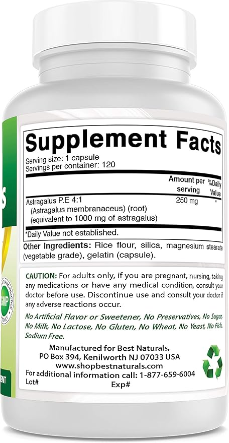 Best Naturals Astragalus Capsule, 1000 mg, 120 Count (Pack of 3)