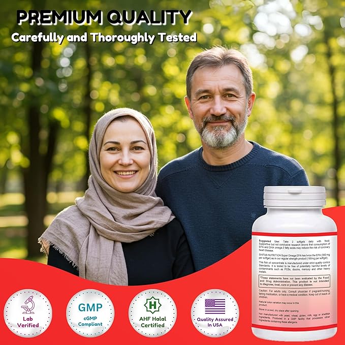 Halal Fish Oil Softgels 60 Ct, Double Strength - Halal Omega 3 Fish Oil Supplements. Wild Caught, Non-GMO & Purified