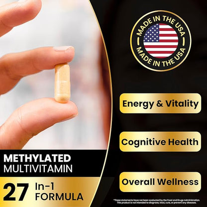 Eliixr Methylated Multivitamin Supplement for Men and Women with Active Methyl B12 and 5-MTHF Methylfolate 60 Vegetable Capsules Iron Free Made in The USA