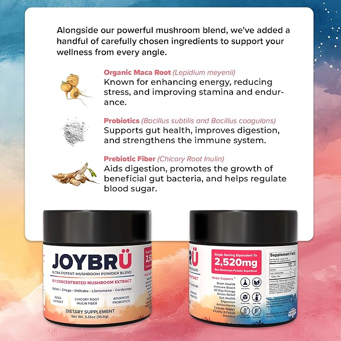 JOYBRÜ Ultra Potent Mushroom Powder Blend, 8:1 Concentrated Extract, Reishi, Chaga, Shiitake, Lion's Mane, Cordyceps, Maca, Probiotics, 3.35oz