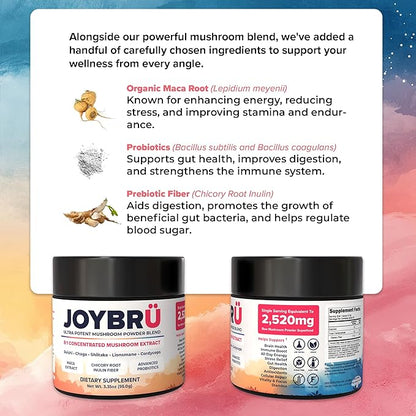 JOYBRÜ Ultra Potent Mushroom Powder Blend, 8:1 Concentrated Extract, Reishi, Chaga, Shiitake, Lion's Mane, Cordyceps, Maca, Probiotics, 3.35oz