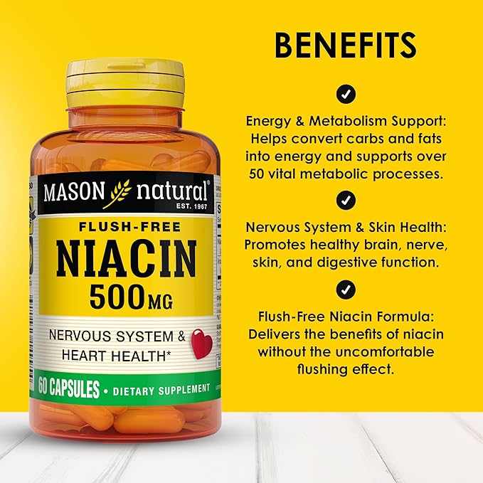 MASON NATURAL Niacin 500 mg Flush-Free, Supports Heart Health, Nervous System & Energy Production, 60 Capsules, Pack of 3