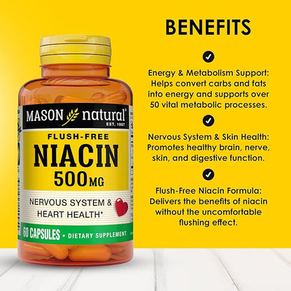 MASON NATURAL Niacin 500 mg Flush-Free, Supports Heart Health, Nervous System & Energy Production, 60 Capsules, Pack of 3