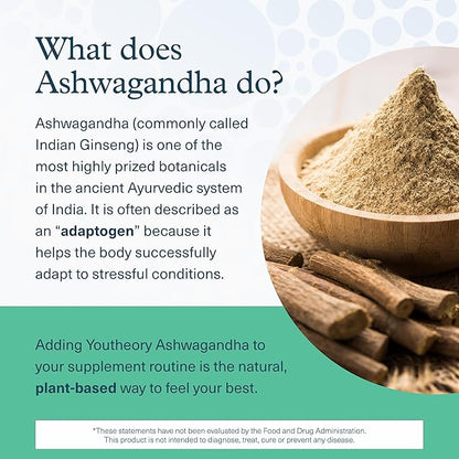 Youtheory Ashwagandha + GABA - Uses KSM-66-1,000 mg Ashwagandha & 100 mg GABA - Cortisol, Stress & Memory Support Supplement - 60 Vegetarian Capsules