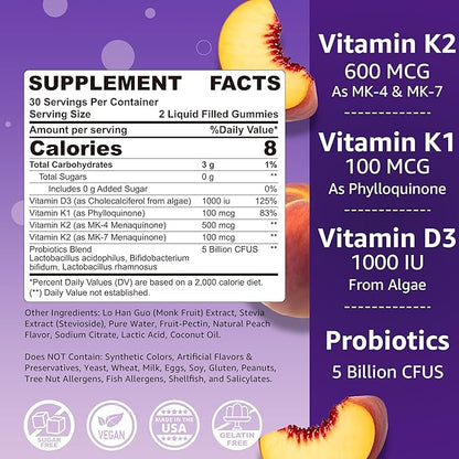 NEVISS Sugar-Free Full Spectrum Vitamin K2 Gummies (MK-4 500mcg & MK-7 100mcg) + K1, D3 for Women & Men - 60 Gummies