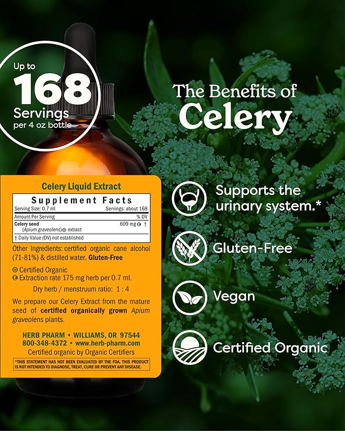 Herb Pharm Certified Organic Celery Seed Liquid Extract for Urinary System Support - 4 Ounce
