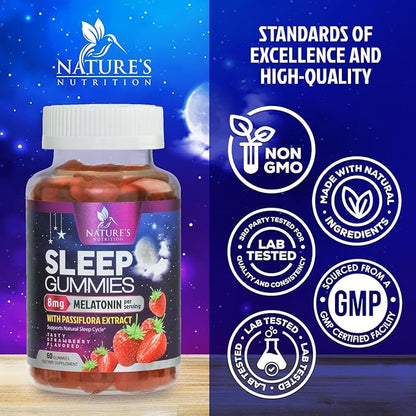 Sleep Gummy 8mg Melatonin - Extra Strength Sleep Support with 20mg Passiflora, Natural Sleeping Gummies for Adults, Vegan & Non-GMO, Melatonin Supplement for Restful Sleep Women & Men - 60 Gummies