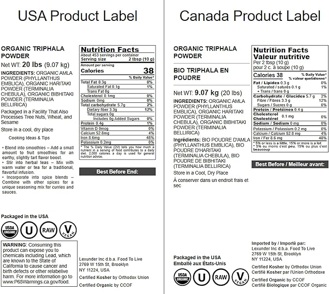 Food to Live Organic Triphala Powder, 20 Pounds – Natural Detox, Blend from Fruits Amalaki, Haritaki and Bibhitaki, Non-GMO, Perfect for Tea and Smoothies, Vegan, Kosher, Bulk