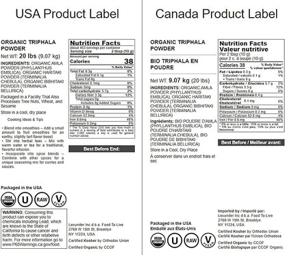 Food to Live Organic Triphala Powder, 20 Pounds – Natural Detox, Blend from Fruits Amalaki, Haritaki and Bibhitaki, Non-GMO, Perfect for Tea and Smoothies, Vegan, Kosher, Bulk