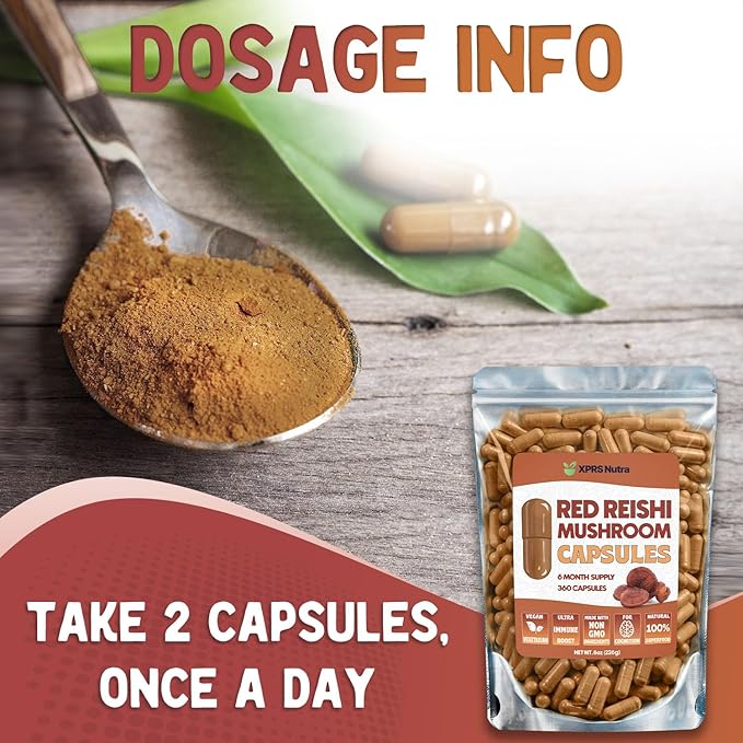 Reishi Mushroom Capsules - 360 Count Red Reishi Mushroom Capsules - 6 Month Supply Real Mushrooms Reishi Supplement Pills for Cognitive and Immune Boost - Mushroom Reishi Hongo Reishi Organico