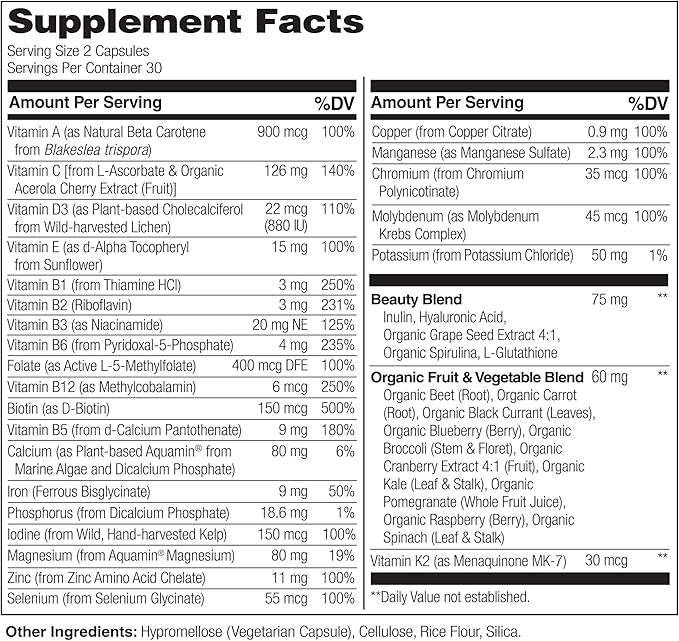 NATURELO Whole Food Multivitamin with Extra Hair, Skin & Nails Support - Beauty Blend with Hyaluronic Acid & Grape Seed - High Potency Biotin, Vitamin C, & Glutathione, 60 Vegan Capsules (Pack of 2)