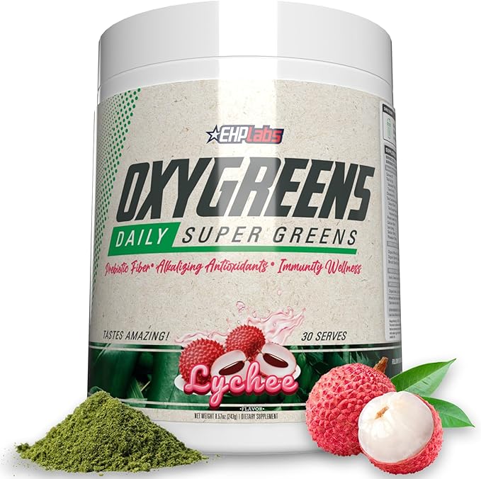 EHP Labs OxyGreens Super Greens Powder - Spirulina & Chlorella Superfood, Green Juice Powder & Greens Supplements with Prebiotic Fibre, Antioxidants & Immunity Support, 30 Serves (Lychee)