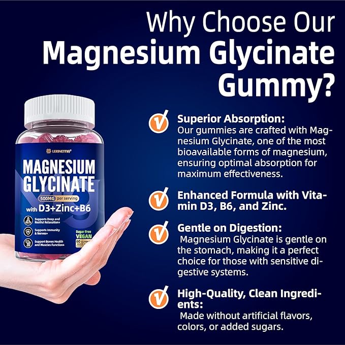 Magnesium Glycinate 500 mg for Adults - Plus D3,B6 & Zinc - Magnesium Glycinate Gummies,High Absorption - Support for Relaxation,Brain,Bone & Immunity Health - Sugar Free - 120Cts