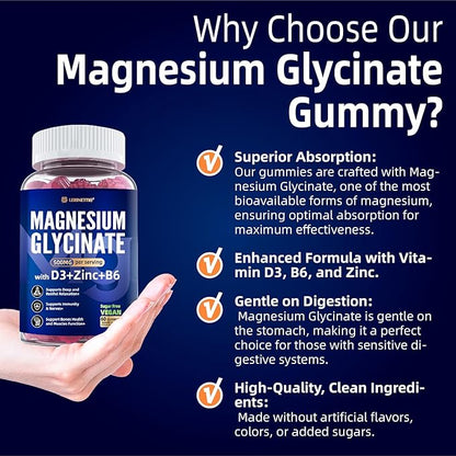 Magnesium Glycinate 500 mg for Adults - Plus D3,B6 & Zinc - Magnesium Glycinate Gummies,High Absorption - Support for Relaxation,Brain,Bone & Immunity Health - Sugar Free - 120Cts