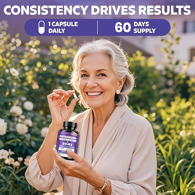 Magnesium Potassium Vitamin D3 K2 10000IU+120MCG Supplement - Supports Bone, Heart, Immune Health, Mood Balance & Energy for Women & Men - Enhanced Absorption, Non-GMO - 60 Capsules