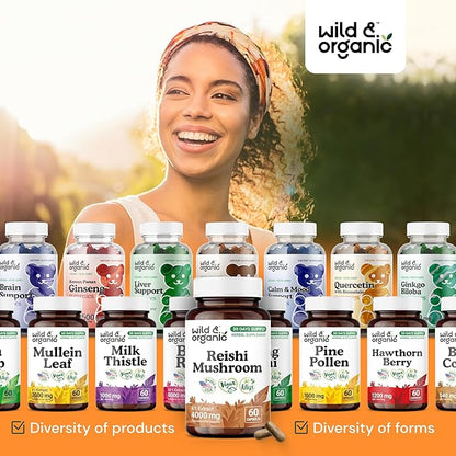 Wild & Organic Reishi Mushroom Capsules 1000 mg - Immune & Energy Support - Red Reishi Mushroom Extract - Ganoderma Lucidum Supplement - 60 Vegan Capsules - 30 Days Supply, Non-GMO, Gluten-Free