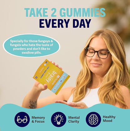 Mushie 100% Organic Lion’s Mane Mushroom Gummies for Adults & Kids Focus - 2000mg Lions Mane Nootropic for Brain, Cognitive, Memory & Immune Support - Vegan, Gluten-Free - 60 Count