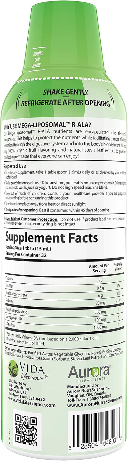 Aurora Nutrascience Mega-Liposomal R-ALA Cellular Support Complex, 200mg R-Alpha Lipoic Acid, Gluten Free, Non-GMO, Sugar Free, Organic, Fruit Flavor, 32 Servings, 16 fl oz