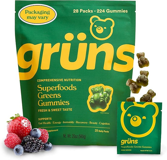 Gruns Adults Super Greens Gummies, Superfood Gummy Bears with Spirulina, Chlorella, Prebiotics & Fiber for Digestive Health, Adaptogens Supplement with 20 Vitamins & Minerals, Low Sugar, 28 Packets