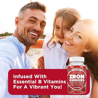Iron Supplement for Women & Men - Iron Gummies with Vitamin B6, B12, C, Zinc, Folate for Adults & Kids - Support Iron Deficiency, Anemia, Energy Boost, Blood Builder - Sugar Free Vegan 60ct Cherry