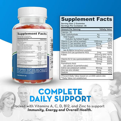 Adult Multivitamin Gummies – 90 Count | Orange, Cherry & Strawberry Flavors | Gluten Free, Vegetarian | Vitamins A, C, D, B12, Zinc | 45–90 Day Supply
