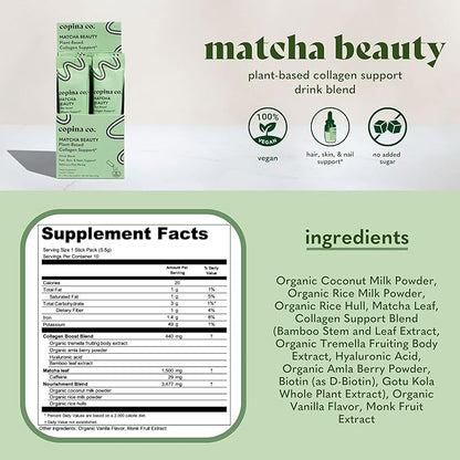 Matcha Beauty Vegan Collagen Booster Drink Blend: Plant Based Collagen Support Smoothie Drink Vegan Blend Variety Pack | Matcha Flavor | 10 Individual Stick Packs per Carton