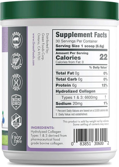 Green Foods Grass Fed Pasture Raised Hydrolyzed Collagen Peptides Protein Powder 7oz - 30 servings