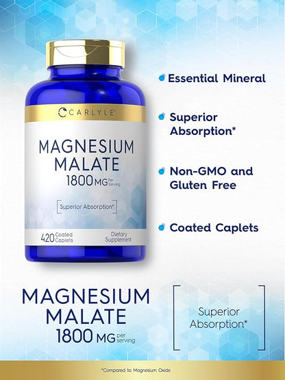 Carlyle Magnesium Malate 1800mg | 420 Coated Caplets | Vegetarian, Non-GMO, Gluten Free Supplement